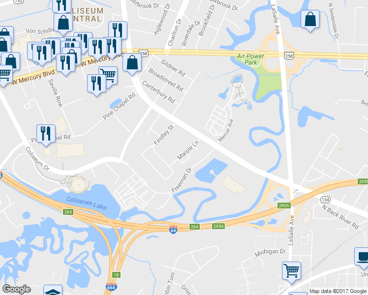 map of restaurants, bars, coffee shops, grocery stores, and more near 12 Marple Lane in Hampton