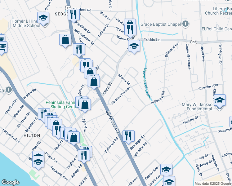 map of restaurants, bars, coffee shops, grocery stores, and more near 616 Lafayette Terrace in Newport News