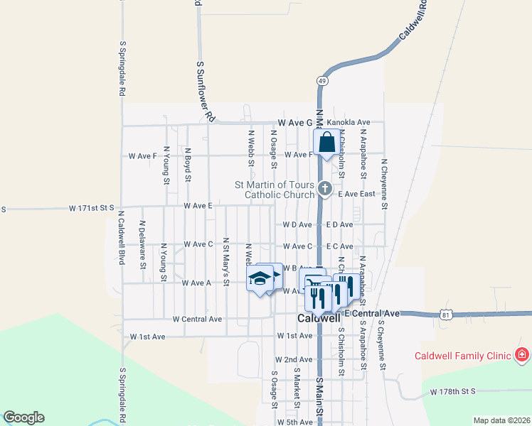 map of restaurants, bars, coffee shops, grocery stores, and more near 466-498 North Osage Street in Caldwell
