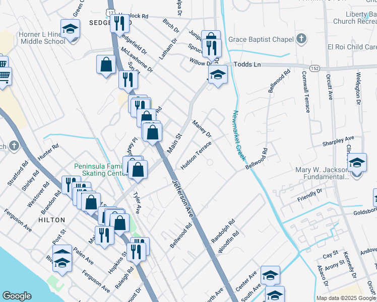 map of restaurants, bars, coffee shops, grocery stores, and more near 616 Lafayette Terrace in Newport News