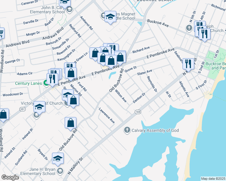 map of restaurants, bars, coffee shops, grocery stores, and more near 343 Wilton Avenue in Hampton