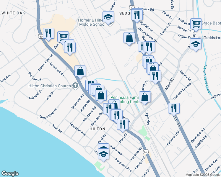 map of restaurants, bars, coffee shops, grocery stores, and more near 602 Hamlin Street in Newport News