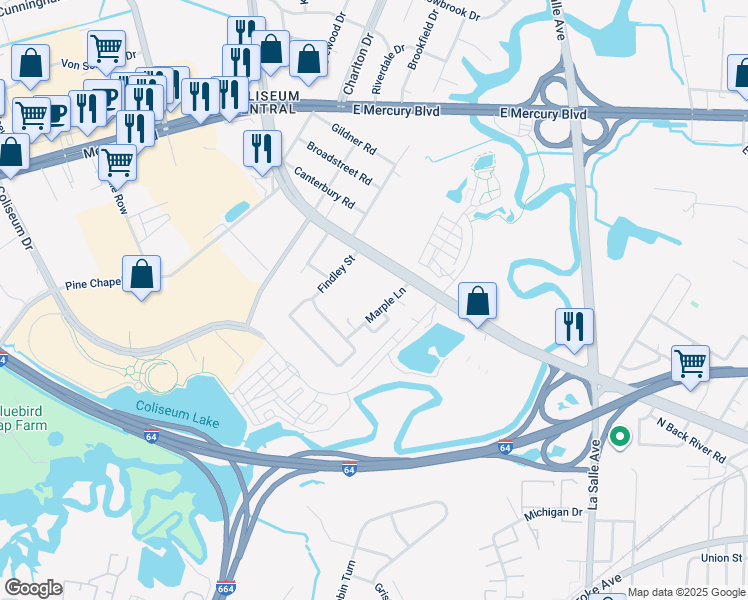 map of restaurants, bars, coffee shops, grocery stores, and more near 12 Marple Lane in Hampton