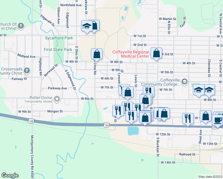 map of restaurants, bars, coffee shops, grocery stores, and more near 1802 West 7th Street in Coffeyville