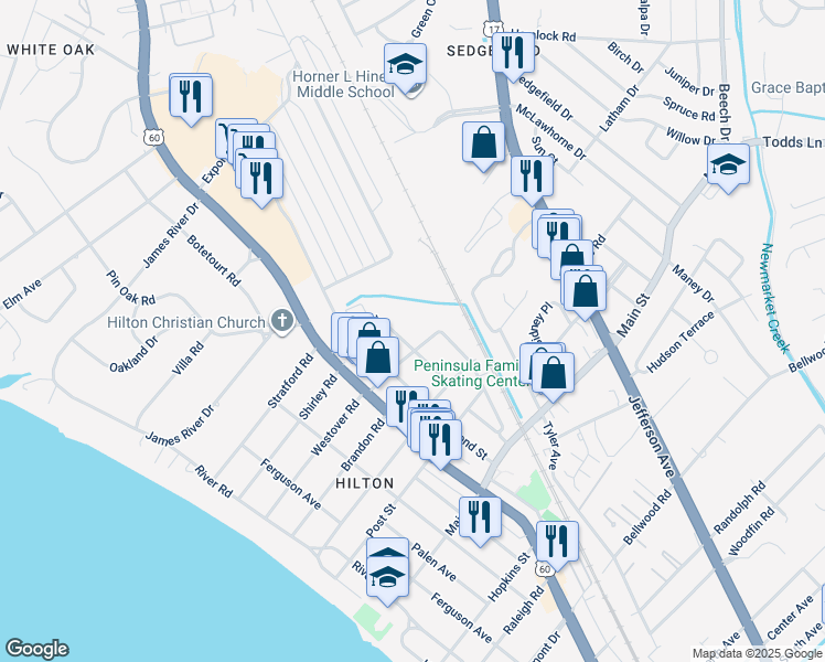 map of restaurants, bars, coffee shops, grocery stores, and more near 602 Hamlin Street in Newport News