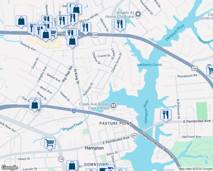 map of restaurants, bars, coffee shops, grocery stores, and more near 10 Brentwood Drive in Hampton