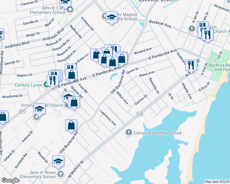 map of restaurants, bars, coffee shops, grocery stores, and more near 343 Wilton Avenue in Hampton