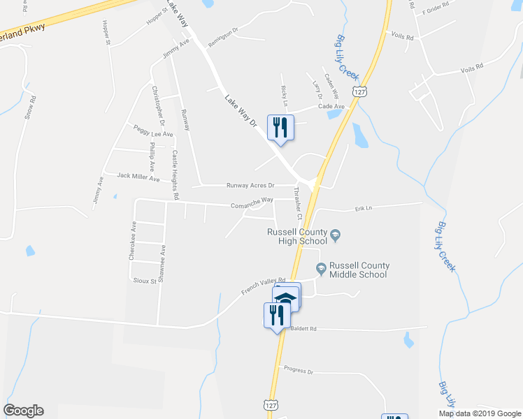 map of restaurants, bars, coffee shops, grocery stores, and more near 33 Apache Avenue in Russell Springs
