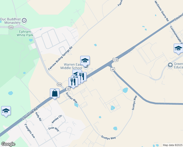 map of restaurants, bars, coffee shops, grocery stores, and more near 7031 Louisville Road in Bowling Green
