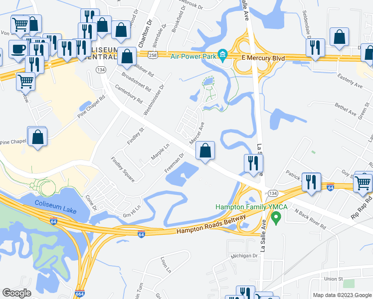 map of restaurants, bars, coffee shops, grocery stores, and more near North Armistead Avenue & Mercer Avenue in Hampton