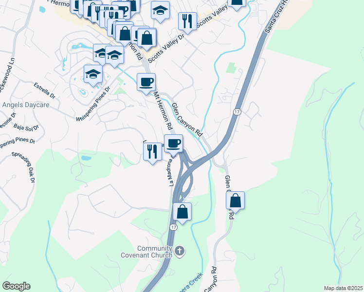 map of restaurants, bars, coffee shops, grocery stores, and more near 524 Flora Lane in Scotts Valley