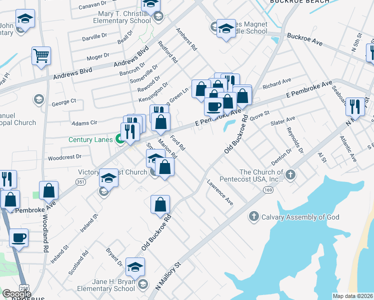 map of restaurants, bars, coffee shops, grocery stores, and more near 1924 East Pembroke Avenue in Hampton