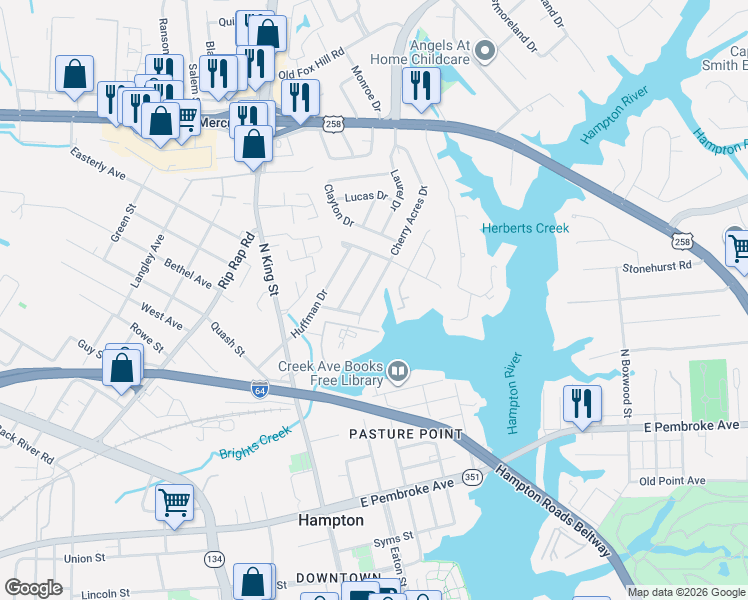 map of restaurants, bars, coffee shops, grocery stores, and more near 10 Brentwood Drive in Hampton