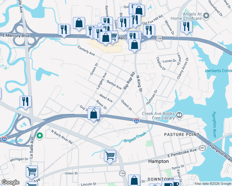 map of restaurants, bars, coffee shops, grocery stores, and more near 1027 Bethel Avenue in Hampton