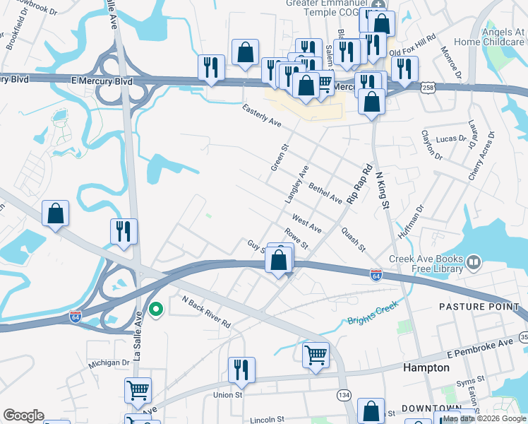map of restaurants, bars, coffee shops, grocery stores, and more near 1212 West Avenue in Hampton