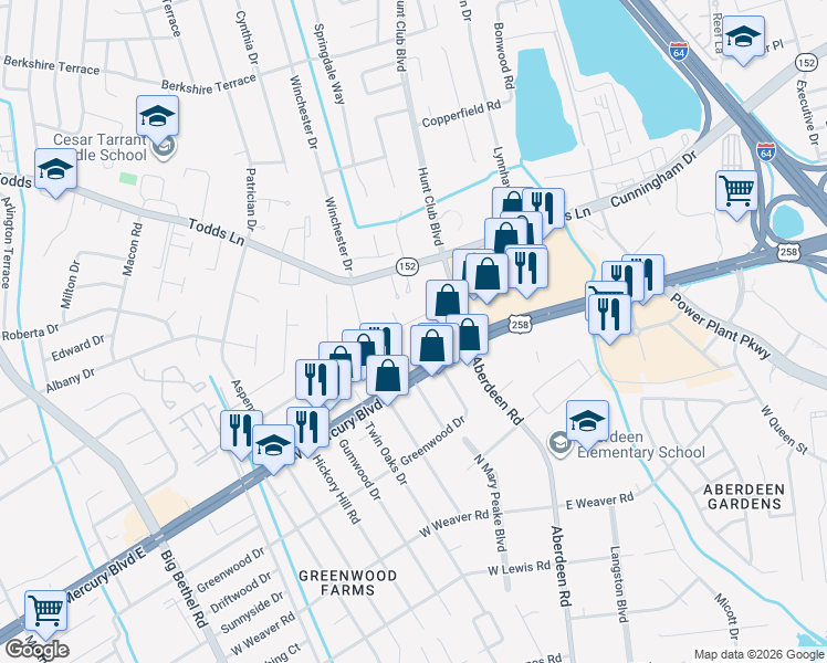 map of restaurants, bars, coffee shops, grocery stores, and more near 12 Edgewood Drive in Hampton