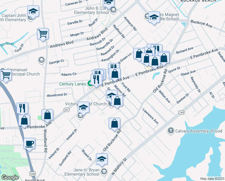 map of restaurants, bars, coffee shops, grocery stores, and more near 518 Smiley Road in Hampton