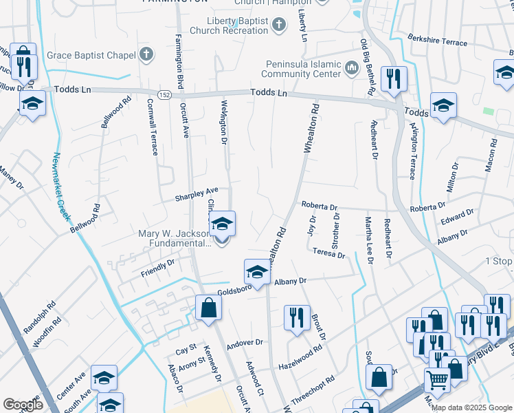 map of restaurants, bars, coffee shops, grocery stores, and more near 14 Cortez Court in Hampton