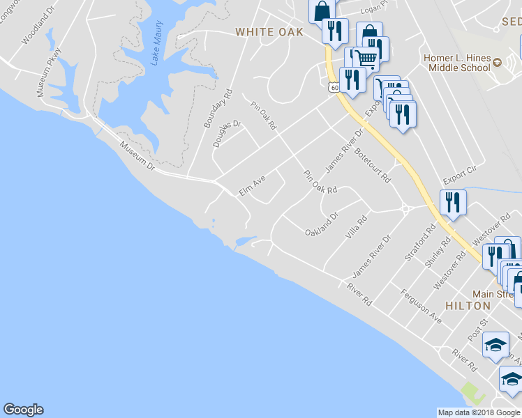 map of restaurants, bars, coffee shops, grocery stores, and more near 10 Holly Drive in Newport News