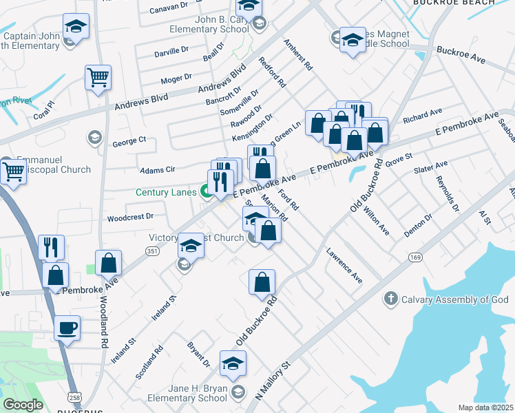 map of restaurants, bars, coffee shops, grocery stores, and more near 518 Smiley Road in Hampton
