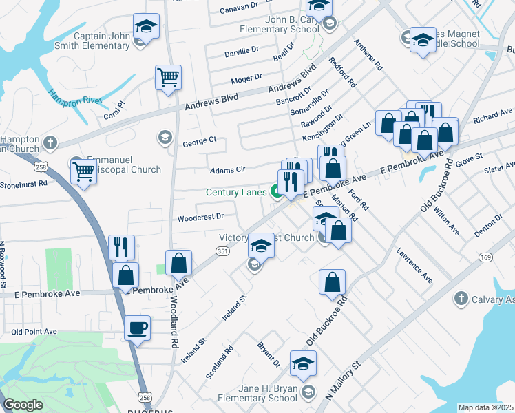 map of restaurants, bars, coffee shops, grocery stores, and more near 609 Renn Road in Hampton
