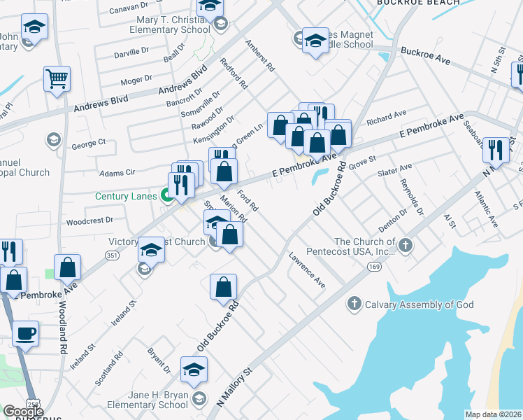 map of restaurants, bars, coffee shops, grocery stores, and more near 1924 East Pembroke Avenue in Hampton
