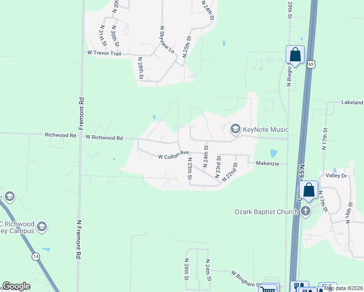 map of restaurants, bars, coffee shops, grocery stores, and more near 2010 North 26th Street in Ozark