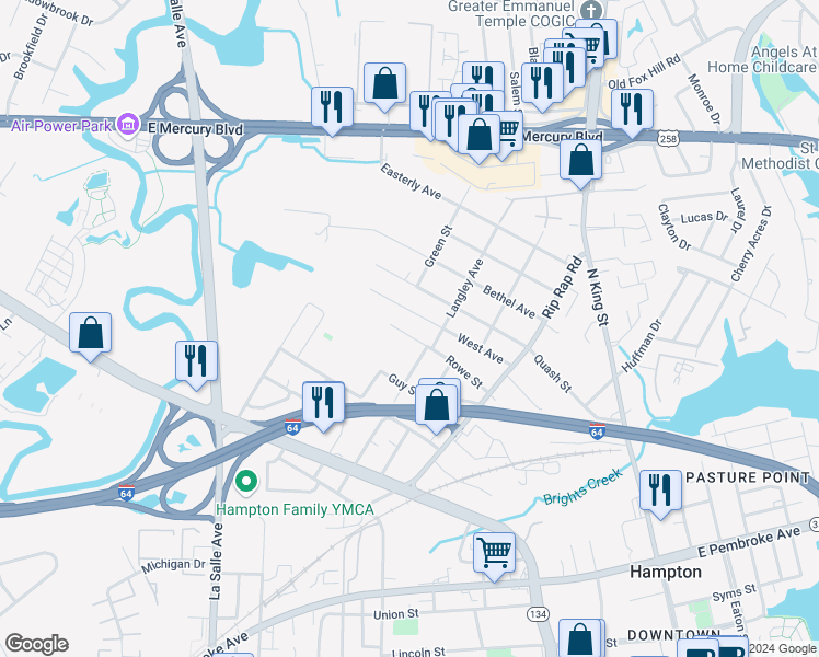 map of restaurants, bars, coffee shops, grocery stores, and more near 1214 Rowe Street in Hampton