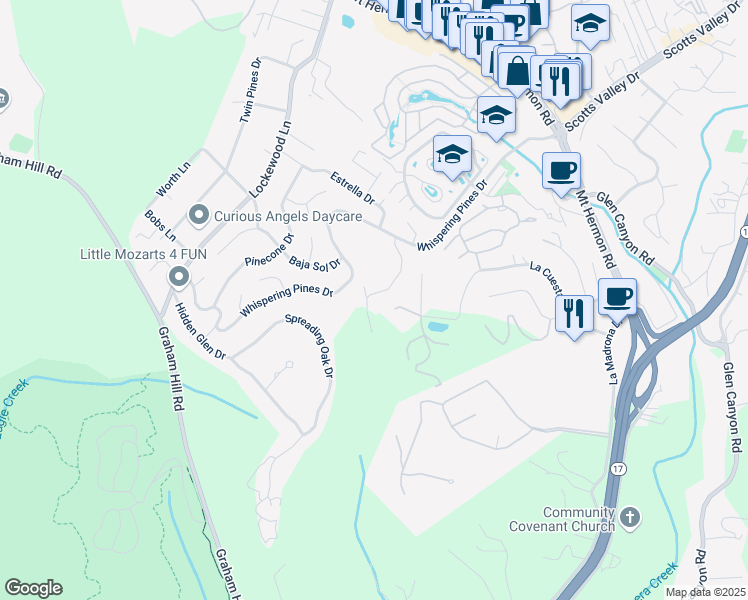 map of restaurants, bars, coffee shops, grocery stores, and more near 205 Blueberry Drive in Scotts Valley