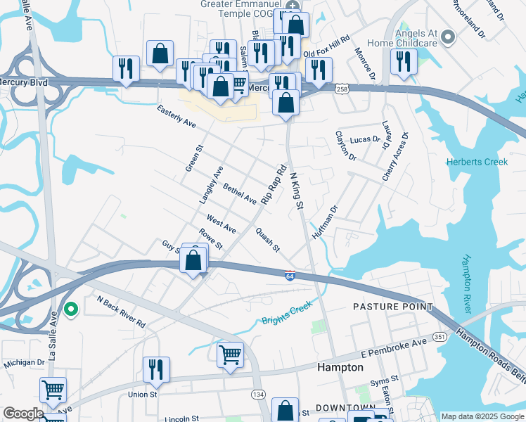 map of restaurants, bars, coffee shops, grocery stores, and more near 25 Rip Rap Road in Hampton