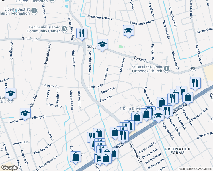 map of restaurants, bars, coffee shops, grocery stores, and more near 200 Roberta Drive in Hampton