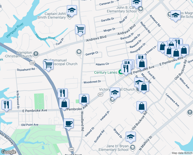 map of restaurants, bars, coffee shops, grocery stores, and more near 1424 Oakcrest Drive in Hampton