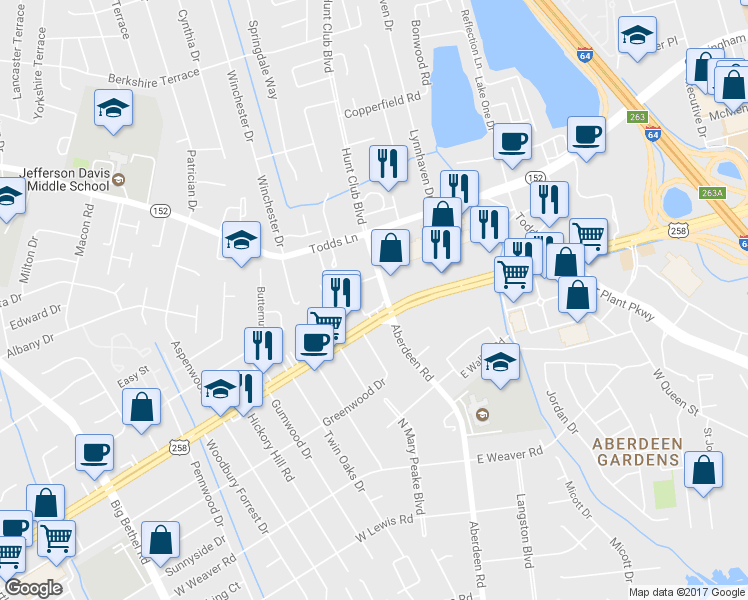 map of restaurants, bars, coffee shops, grocery stores, and more near 1605 Aberdeen Road in Hampton