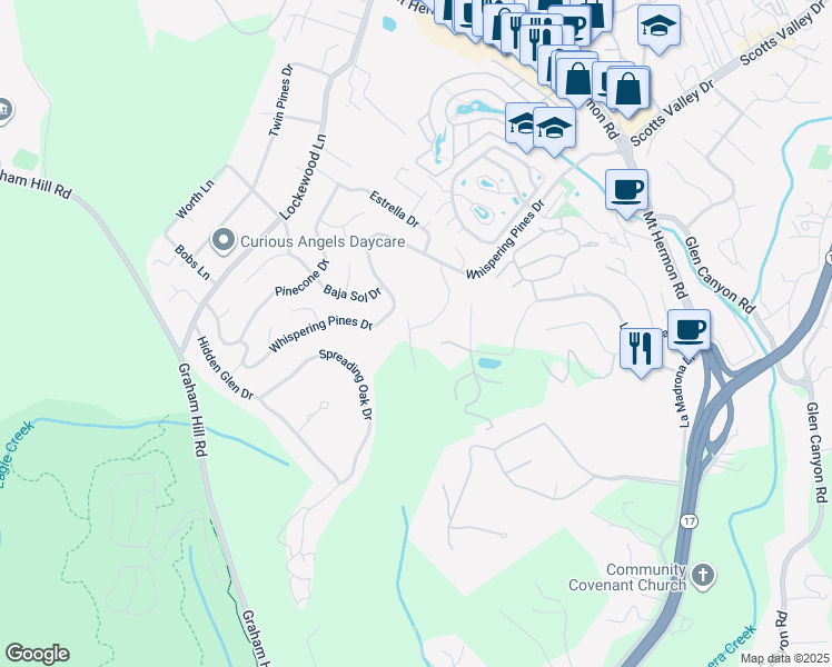 map of restaurants, bars, coffee shops, grocery stores, and more near 205 Blueberry Drive in Scotts Valley