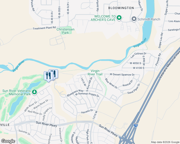 map of restaurants, bars, coffee shops, grocery stores, and more near 1334 West Ambassador Drive in St. George
