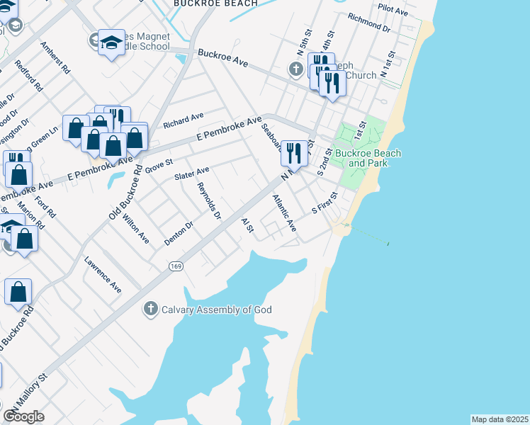 map of restaurants, bars, coffee shops, grocery stores, and more near 1673 Anne Street in Hampton