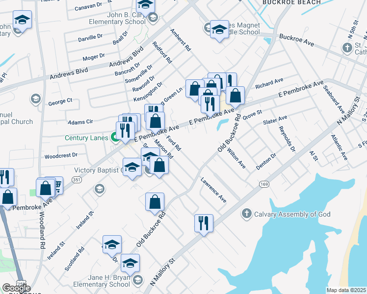 map of restaurants, bars, coffee shops, grocery stores, and more near 1924 East Pembroke Avenue in Hampton