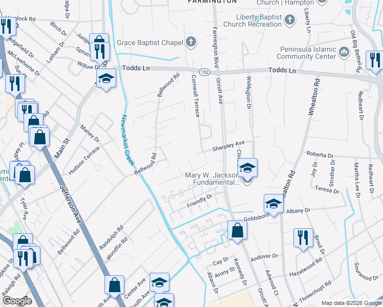 map of restaurants, bars, coffee shops, grocery stores, and more near 58 Cornwall Terrace in Hampton