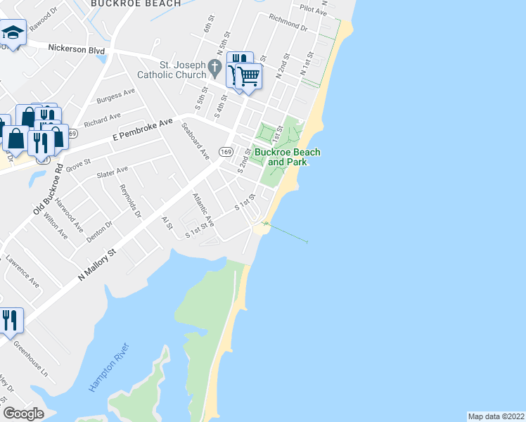 map of restaurants, bars, coffee shops, grocery stores, and more near 326 South Resort Boulevard in Hampton
