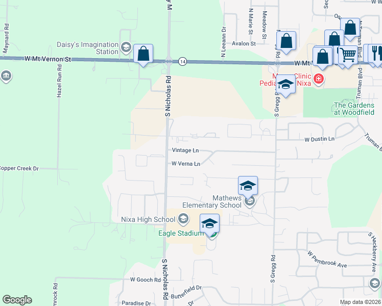 map of restaurants, bars, coffee shops, grocery stores, and more near 1259 Vintage Lane in Nixa