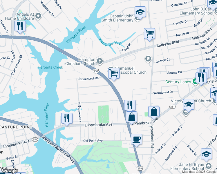 map of restaurants, bars, coffee shops, grocery stores, and more near 124 Southerland Drive in Hampton