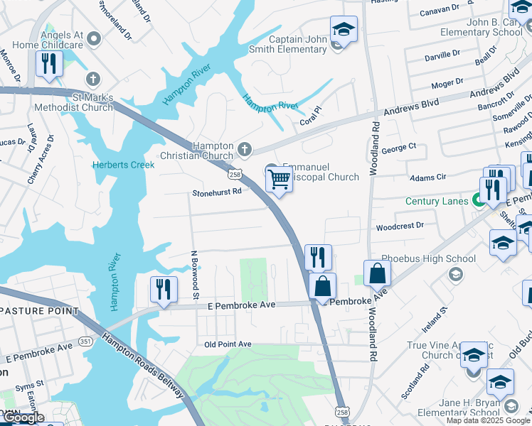map of restaurants, bars, coffee shops, grocery stores, and more near 124 Southerland Drive in Hampton
