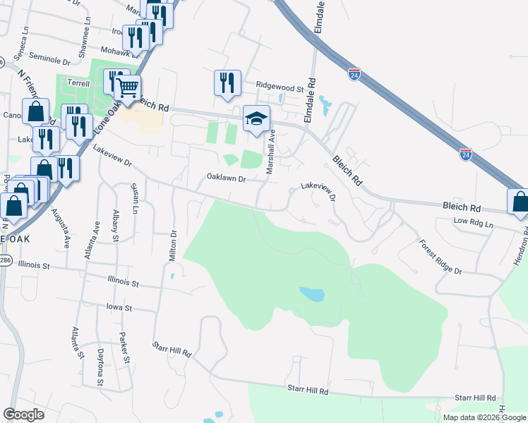 map of restaurants, bars, coffee shops, grocery stores, and more near 572 Lakeview Drive in Paducah