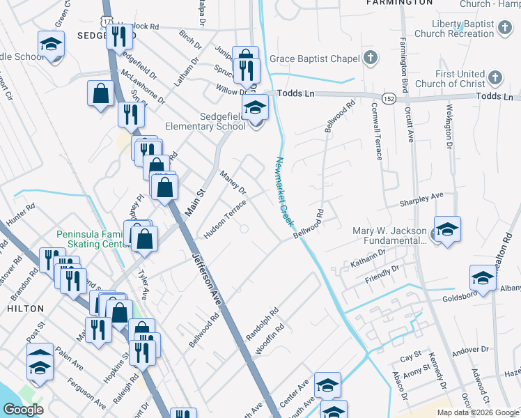 map of restaurants, bars, coffee shops, grocery stores, and more near 22 Maney Drive in Newport News