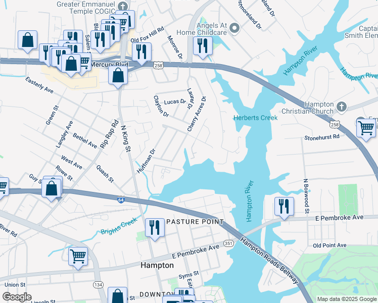 map of restaurants, bars, coffee shops, grocery stores, and more near 114 Eberly Terrace in Hampton