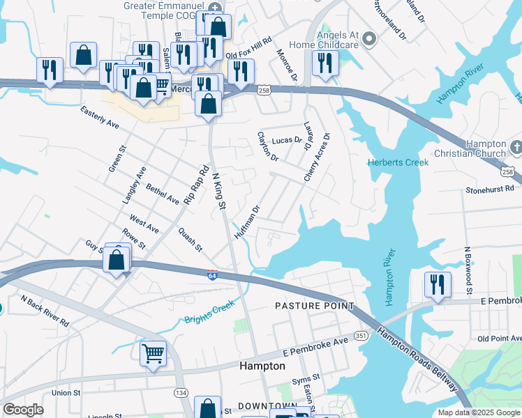 map of restaurants, bars, coffee shops, grocery stores, and more near 44 Huffman Drive in Hampton