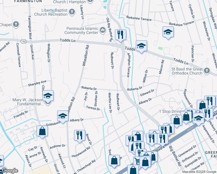 map of restaurants, bars, coffee shops, grocery stores, and more near 29 Roberta Drive in Hampton