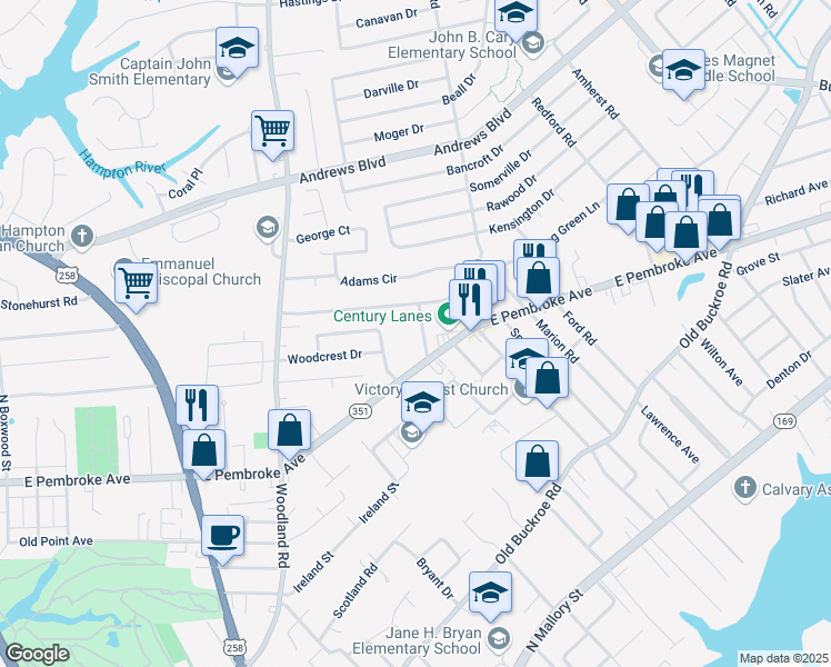 map of restaurants, bars, coffee shops, grocery stores, and more near 617 Renn Road in Hampton