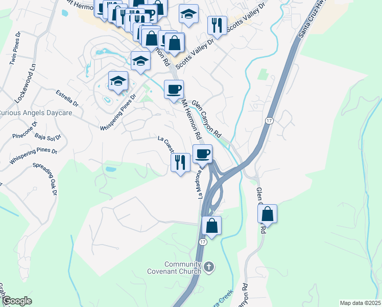 map of restaurants, bars, coffee shops, grocery stores, and more near 2 Torrey Oaks Court in Scotts Valley