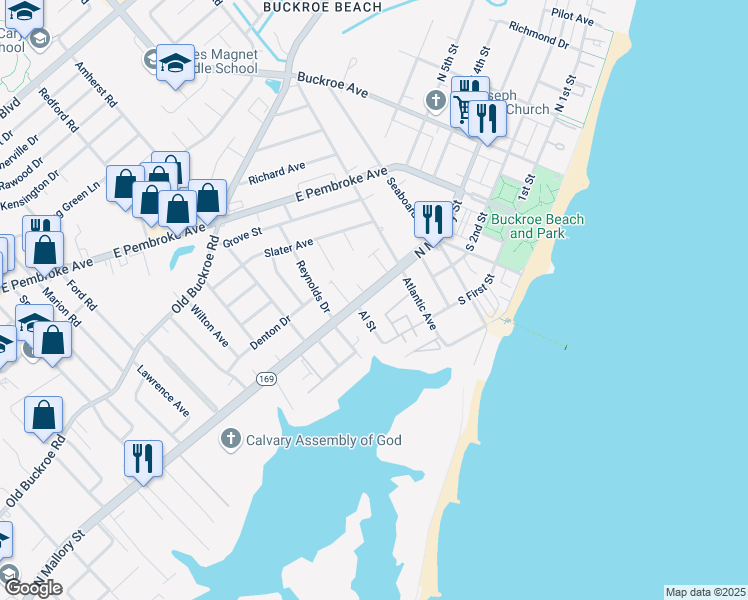 map of restaurants, bars, coffee shops, grocery stores, and more near 1670 North Mallory Street in Hampton